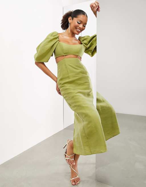 Vestido midi verde oliva con mangas abullonadas y detalle de abertura de ASOS EDITION