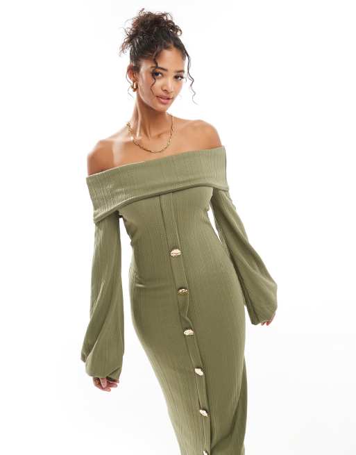 Vestido midi verde oliva de canalé con escote Bardot y botones