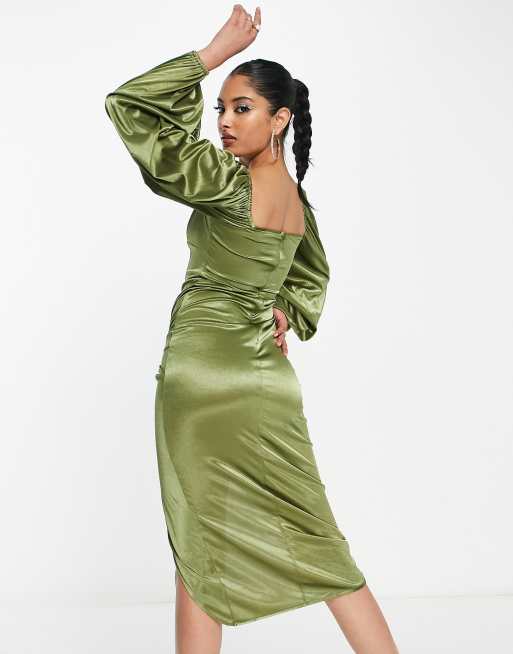 Vestido midi verde oliva de manga larga con abertura larga y detalle anudado de satén de ASOS DESIGN , 2 de 4