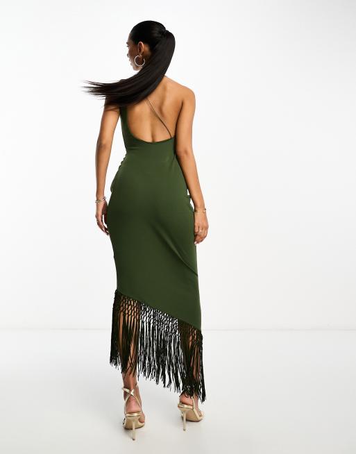 Vestido midi verde oscuro asimétrico con diseño drapeado y ribete de flecos de ASOS DESIGN, 3 de 4