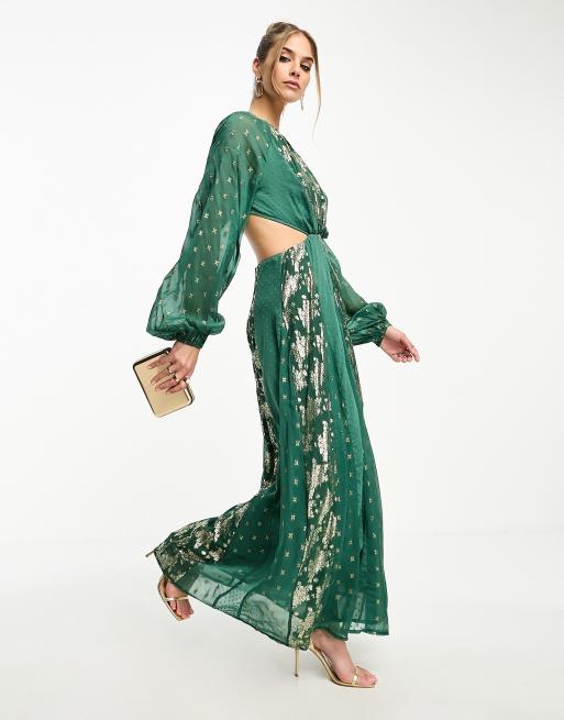 Vestido midi verde pino metalizado con dise o de jacquard y