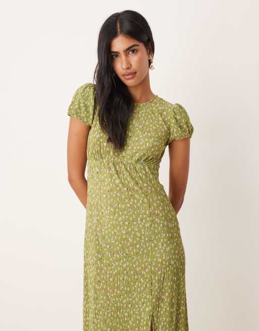 Vestido midi verde plisado con estampado floral de Mango ASOS
