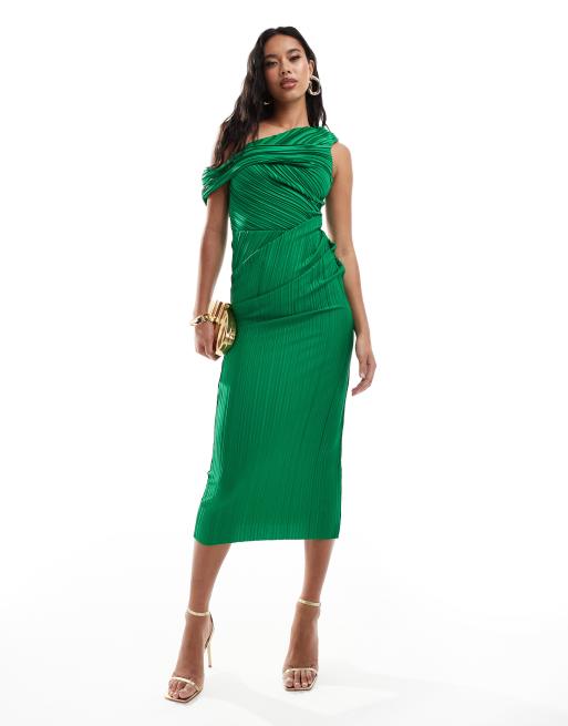 Vestido midi verde plisado con hombro caído y detalle retorcido de ASOS DESIGN
