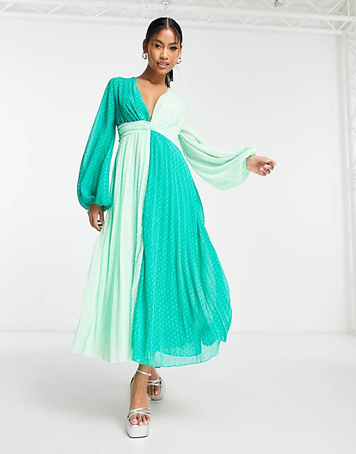 Vestido midi verde plisado y retorcido en la parte delantera con diseño  color block de plumeti de ASOS DESIGN | ASOS