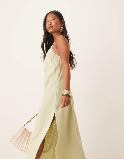 Vestido midi verde salvia con cuello ancho de algodón y lino de ASOS DESIGN Petite, 2 de 4