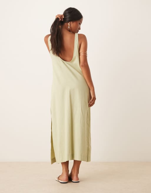 Vestido midi verde salvia con cuello ancho de algodón y lino de ASOS DESIGN Petite, 4 de 4