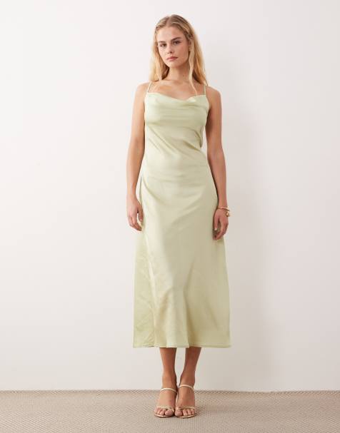 Vestido midi verde salvia con cuello desbocado de satén de New Look - view 1