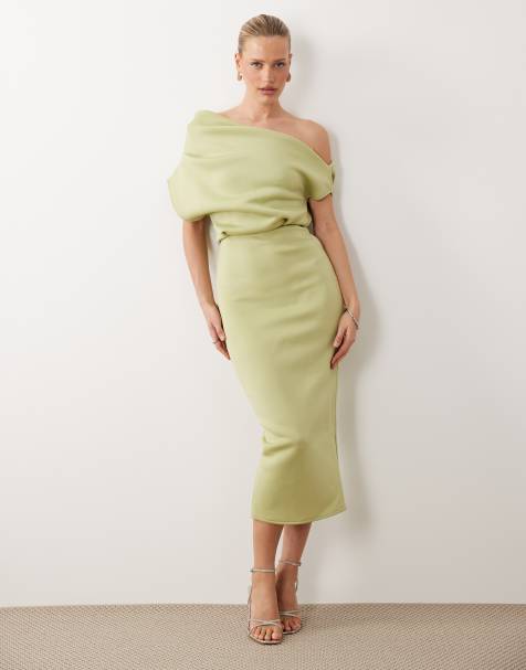 Vestido midi verde salvia con cuello desmesurado de tejido efecto neopreno de ASOS DESIGN - view 1