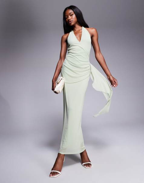 Vestido midi verde salvia con cuello halter y detalle colgante en la falda de malla de ASOS DESIGN - view 1