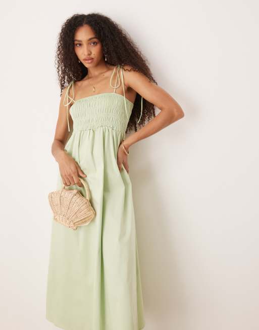 Vestido midi verde salvia con pecho fruncido de popelina de algodón de ASOS DESIGN, 2 de 4