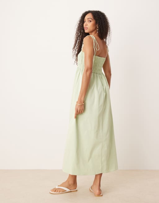 Vestido midi verde salvia con pecho fruncido de popelina de algodón de ASOS DESIGN, 4 de 4