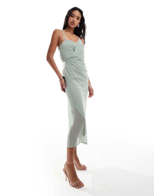 Vestido midi verde salvia de cuello halter con diseño drapeado y capa de malla superpuesta de ASOS DESIGN