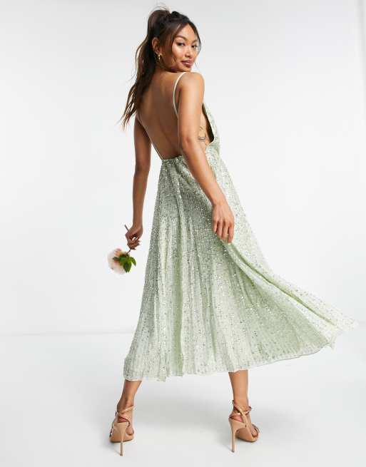 prima chupar Brisa Vestido midi verde salvia de tirantes con diseño bordado de ASOS EDITION |  ASOS