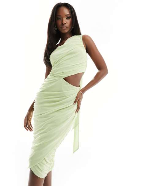 Vestido midi verde salvia fruncido y ceñido con abertura y detalle de pañuelo de Rare London - view 1
