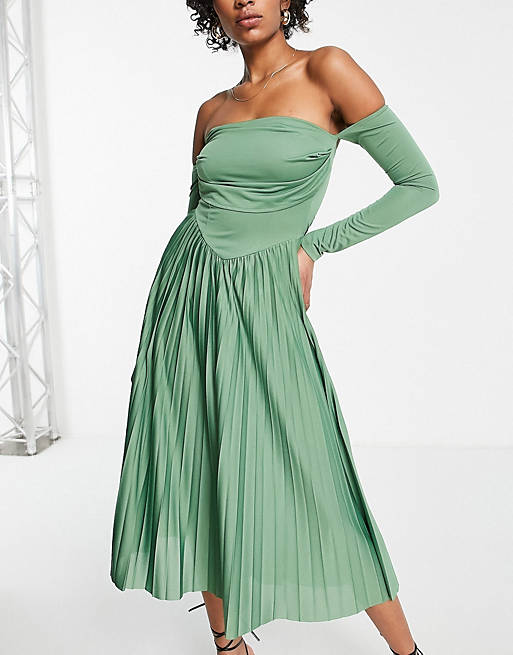 Vestido midi verde salvia plisado con detalle de corsé y escote Bardot de  ASOS DESIGN Tall | ASOS