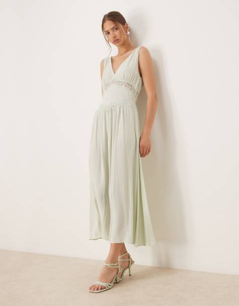 Vestido midi verde tenue con cuello de pico y detalle de encaje de Mango - view 1