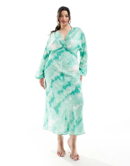 Vestido midi verde transparente con estampado tie dye y detalle anudado delantero de ASOS DESIGN Curve