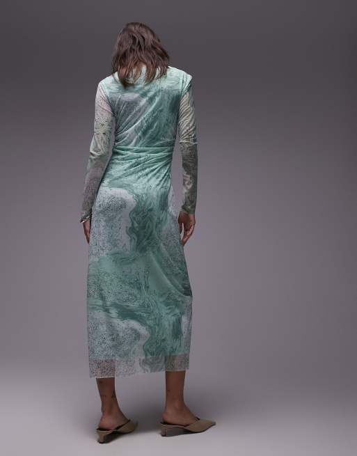 Vestido midi verde traslúcido con estampado marmolado de malla de & Other Stories, 3 de 4