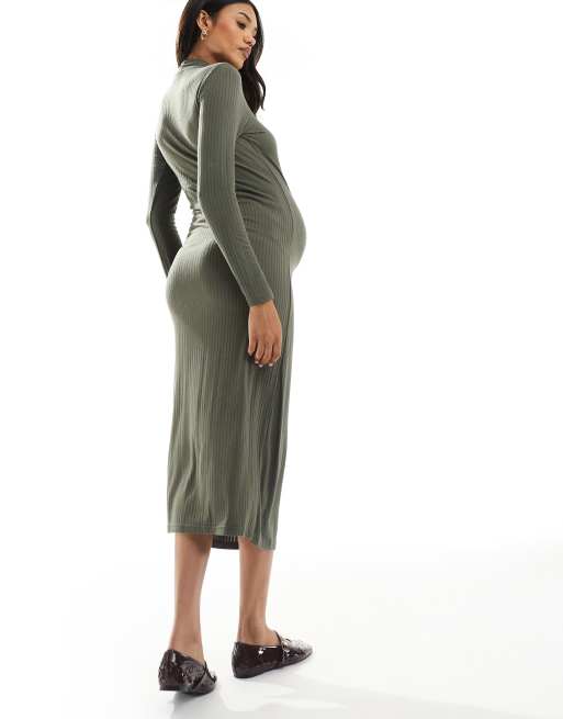 Vestido midi verde vid de manga larga con cuello alto de canalé suave de Mamalicious Maternity, 3 de 4