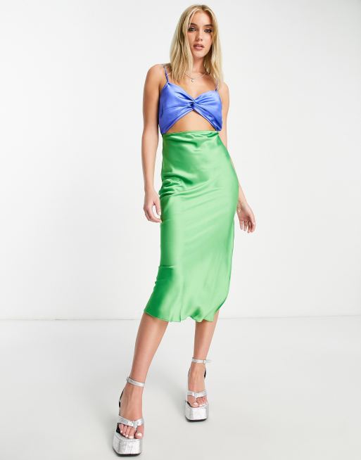 Vestido midi verde y azul con diseño color block y abertura de satén de Miss Selfridge 