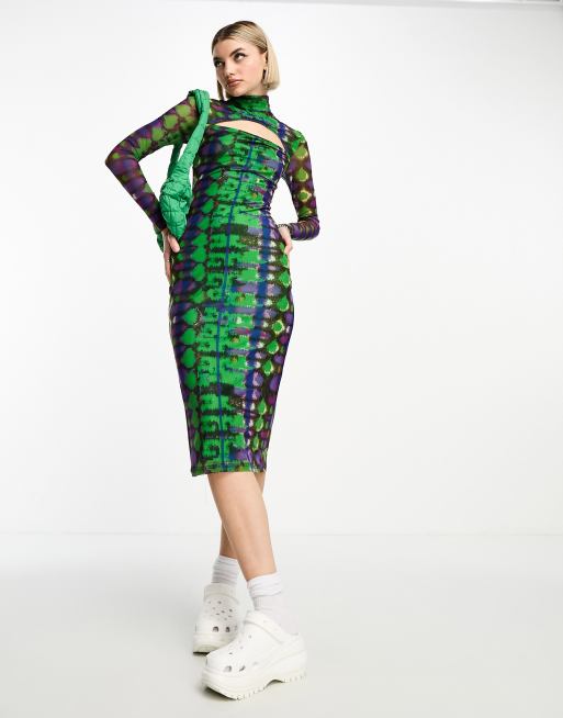 Vestido midi verde y morado con estampado de serpiente abstracto, cuello subido y abertura de malla de House of Holland