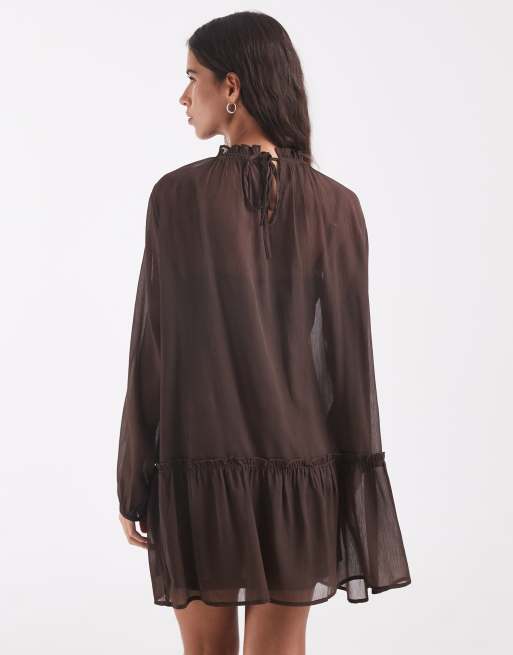 Vestido mini de cintura caída en marrón, 3 de 4