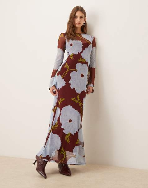 Vestido morado y azul con estampado de amapolas de malla de Never Fully Dressed - view 1