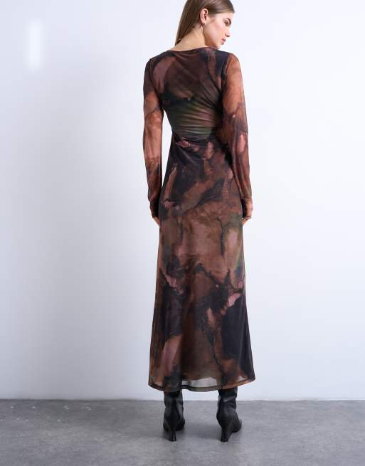 Vestido multicolor de manga larga con estampado abstracto difuminado de malla de Topshop, 3 de 4