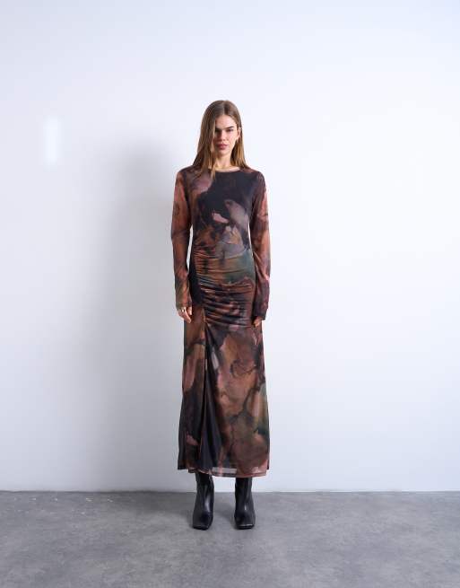 Vestido multicolor de manga larga con estampado abstracto difuminado de malla de Topshop, 4 de 4