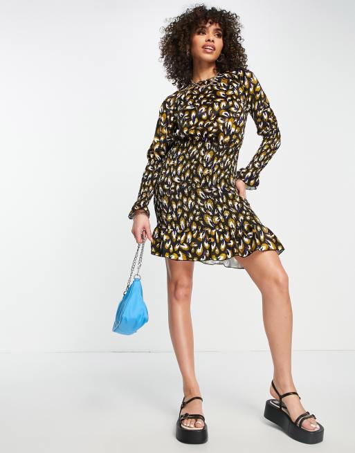 Vestido multicolor fruncido con estampado de plumas de Little Mistress