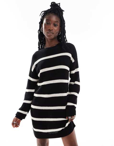 Vestido negro a rayas crema estilo jersey extragrande de punto de Noisy May - view 1