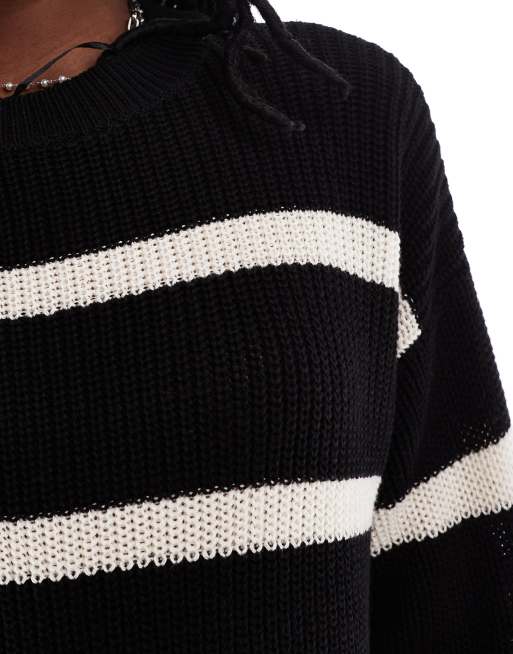 Vestido negro a rayas crema estilo jersey extragrande de punto de Noisy May, 4 de 4