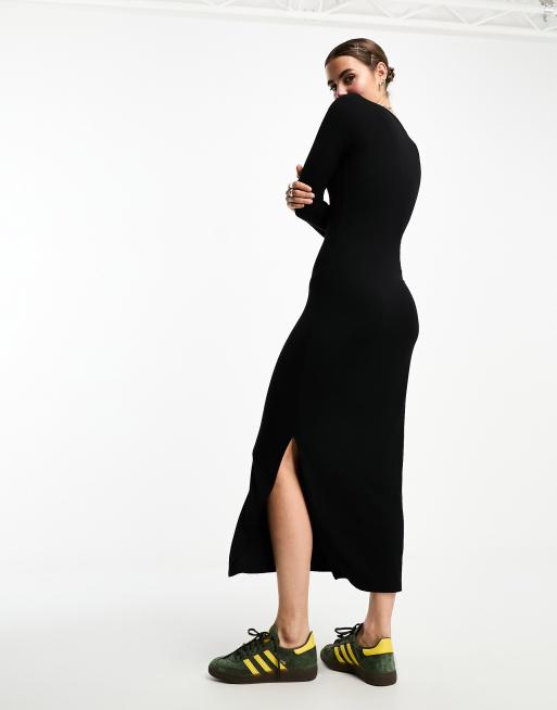Vestido negro ajustado de manga larga con cuello ancho de canalé de Cotton On , 3 de 4