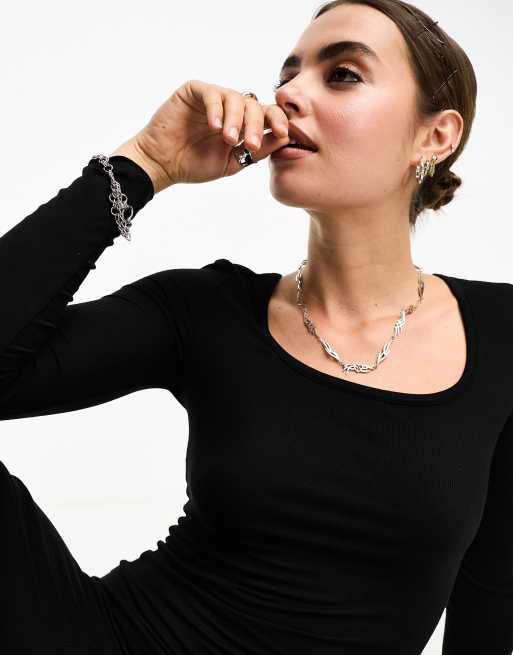 Vestido negro ajustado de manga larga con cuello ancho de canalé de Cotton On , 4 de 4