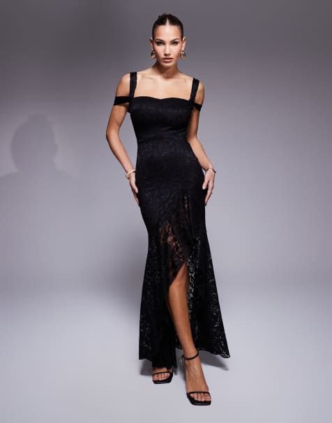 Vestido negro asimétrico con volantes de encaje de True Violet - view 1