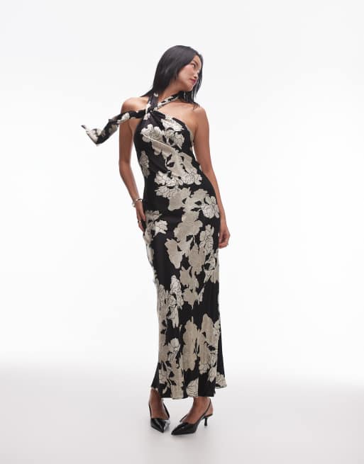 Vestido negro con estampado floral color marfil y cuello halter anudado de Topshop
