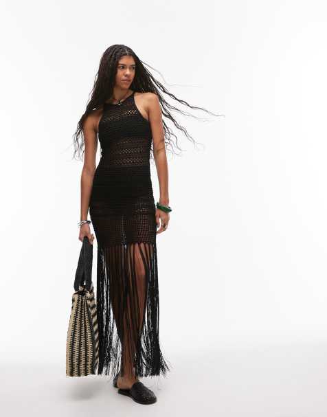 Vestido negro cruzado con cuello halter y flecos de punto de Topshop - view 1