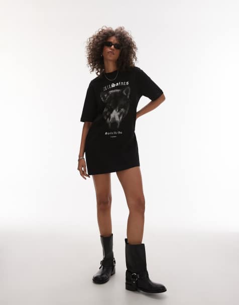 Vestido negro de estilo camiseta con estampado de lobo Dawn de AllSaints - view 1