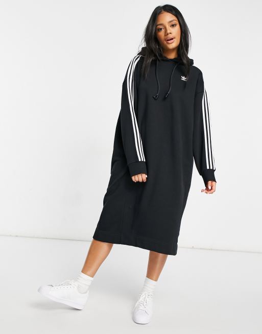 Vestido negro de estilo sudadera con capucha con las tres rayas de adicolor de adidas Originals