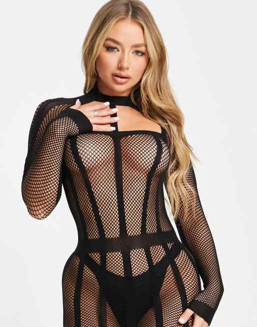 Vestido negro de manga larga con cuello subido de rejilla transparente Jupiter de Ann Summers, 3 de 4