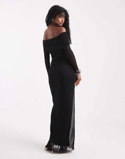 Vestido negro de manga larga con escote Bardot de malla de Vero Moda, 3 de 4