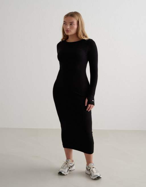 Vestido negro de manga larga de canalé Ease de Aim'n