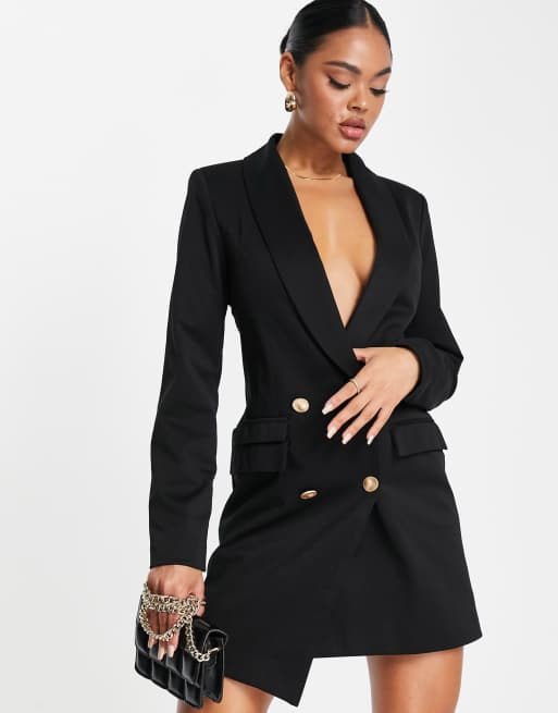 Vestido negro estilo americana asimétrica con doble botonadura de Unique21