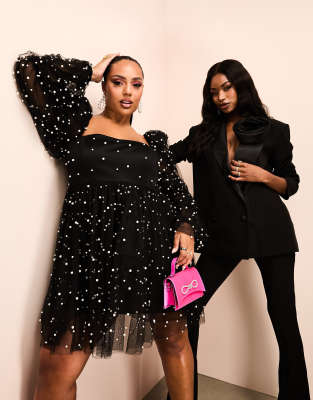 Vestido negro estilo babydoll de tul con adornos de perlas de ASOS LUXE Curve - view 1