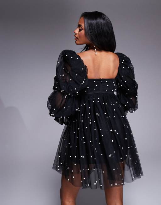 Vestido negro estilo babydoll de tul con adornos de perlas de ASOS LUXE, 4 de 4