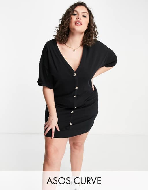Vestido negro estilo camiseta con cierre de botones de ASOS DESIGN Curve