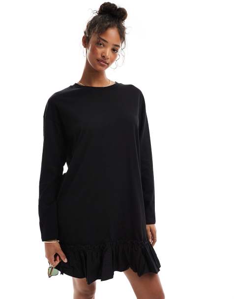 Vestido negro estilo camiseta de manga larga con detalle de volante de popelina de Miss Selfridge - view 1