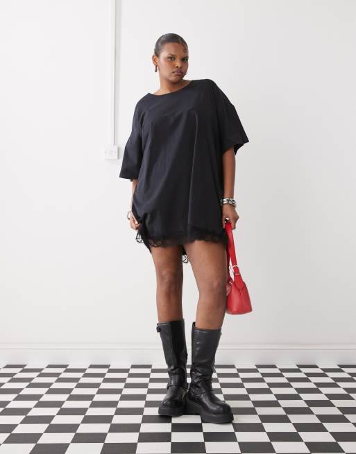 Vestido negro estilo camiseta extragrande con ribete de encaje de Noisy May Curve