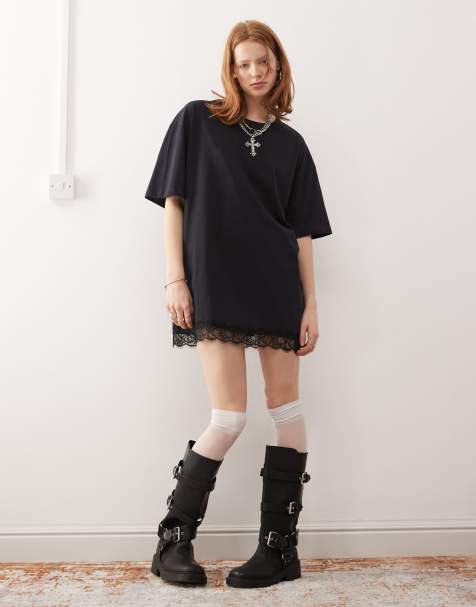 Vestido negro estilo camiseta extragrande con ribete de encaje de Noisy May - view 1