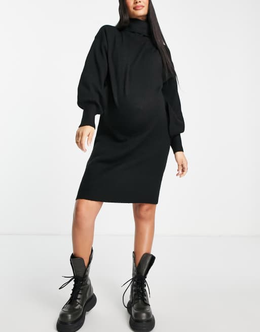 Vestido negro estilo jersey con cuello alto y mangas voluminosas de Pieces Maternity, 3 de 4